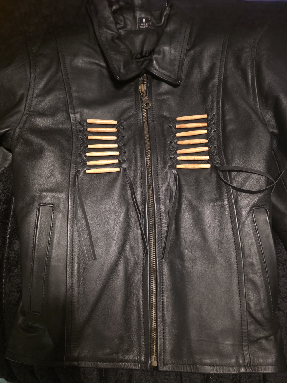 Black Leather Zip Jacket with Wood Bead Accents